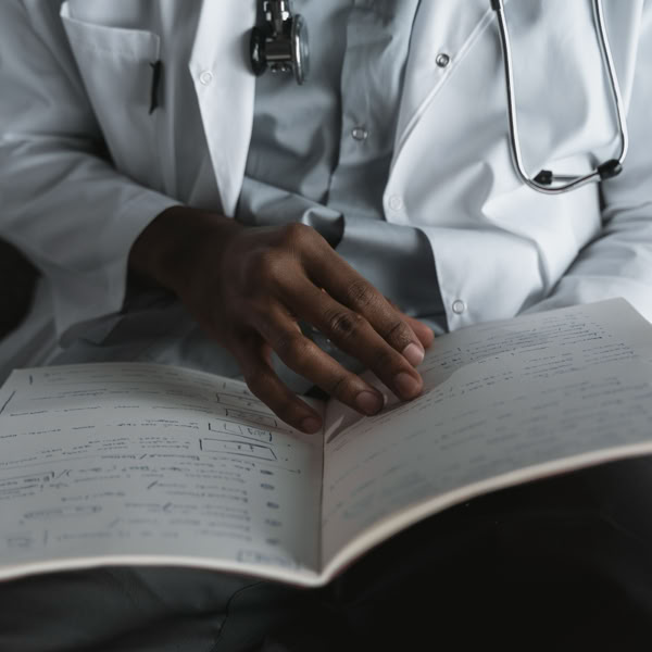 Close-up of a doctor reading medical notes, wearing a stethoscope, symbolizing diligent medical research and study.